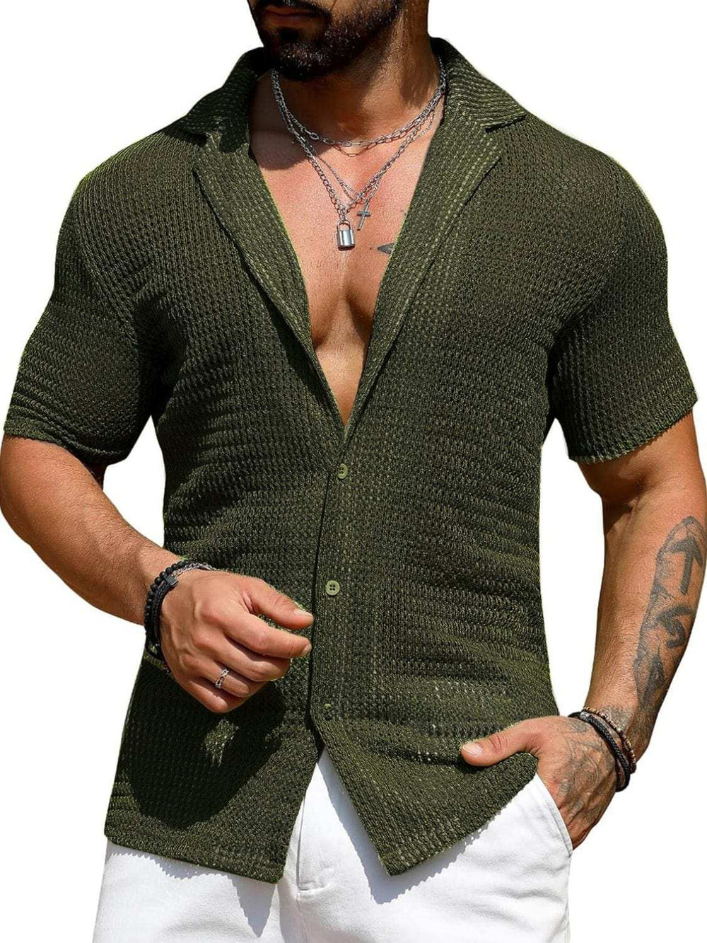 Men's Full Size Openwork Button Down Short Sleeve Shirt Plus Size - Trendsi - Flyclothing LLC