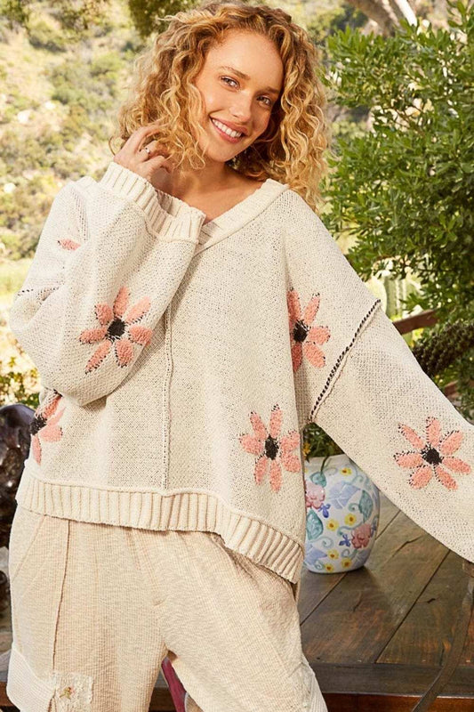 POL V-Neck Floral Pattern Chenille Sweater - Trendsi - Flyclothing LLC