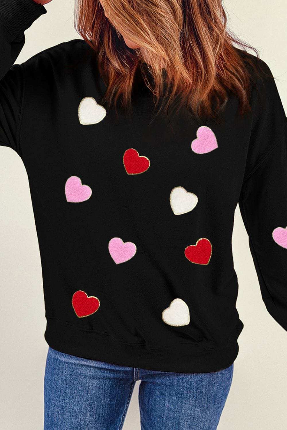 Valentine's Day Contrast Heart Long Sleeve Sweatshirt - Trendsi - Flyclothing LLC