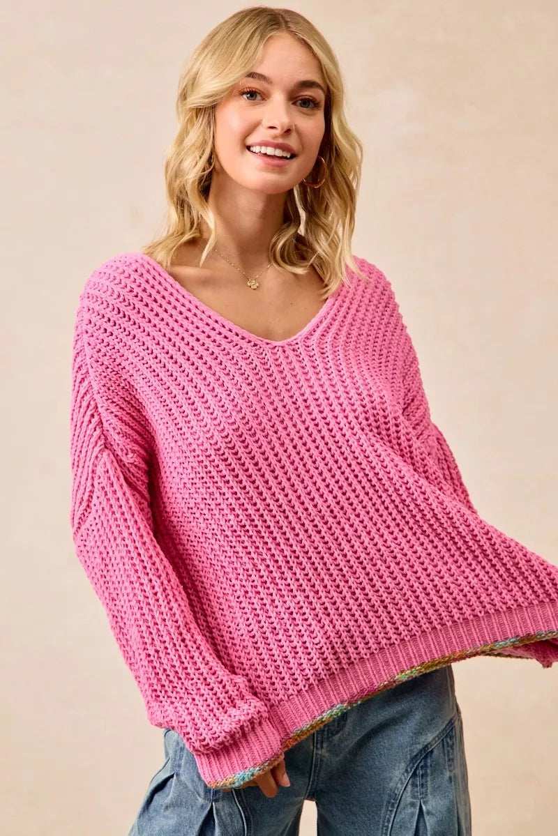 BiBi V-Neck Sweater with Colorful Trim - Trendsi - Flyclothing LLC