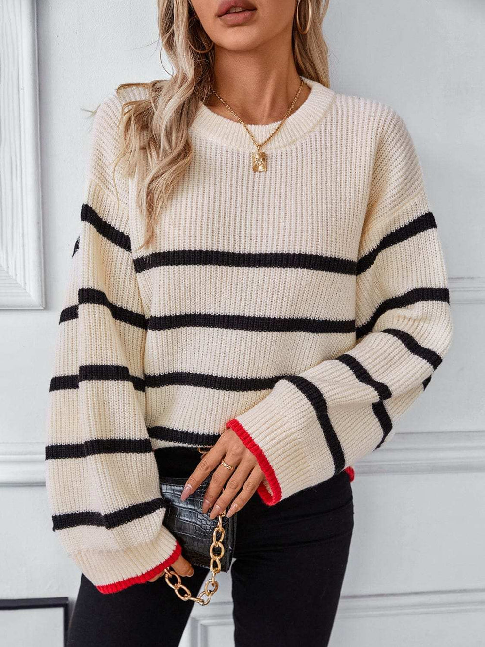 Striped Round Neck Dropped Shoulder Sweater - Trendsi - Flyclothing LLC