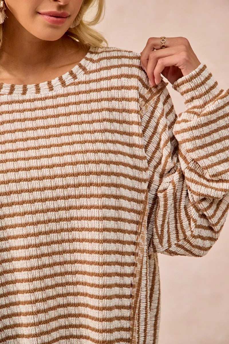 BiBi Open Seam Detail Textured Stripe Knit Top - Trendsi - Flyclothing LLC