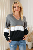 Color Block V Neck Long Sleeve Sweater - Trendsi - Flyclothing LLC