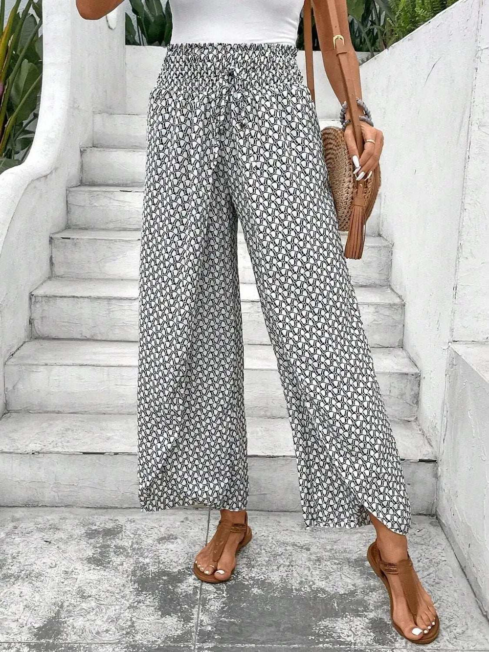 Tied Printed Wide Leg Pants - Trendsi - Flyclothing LLC