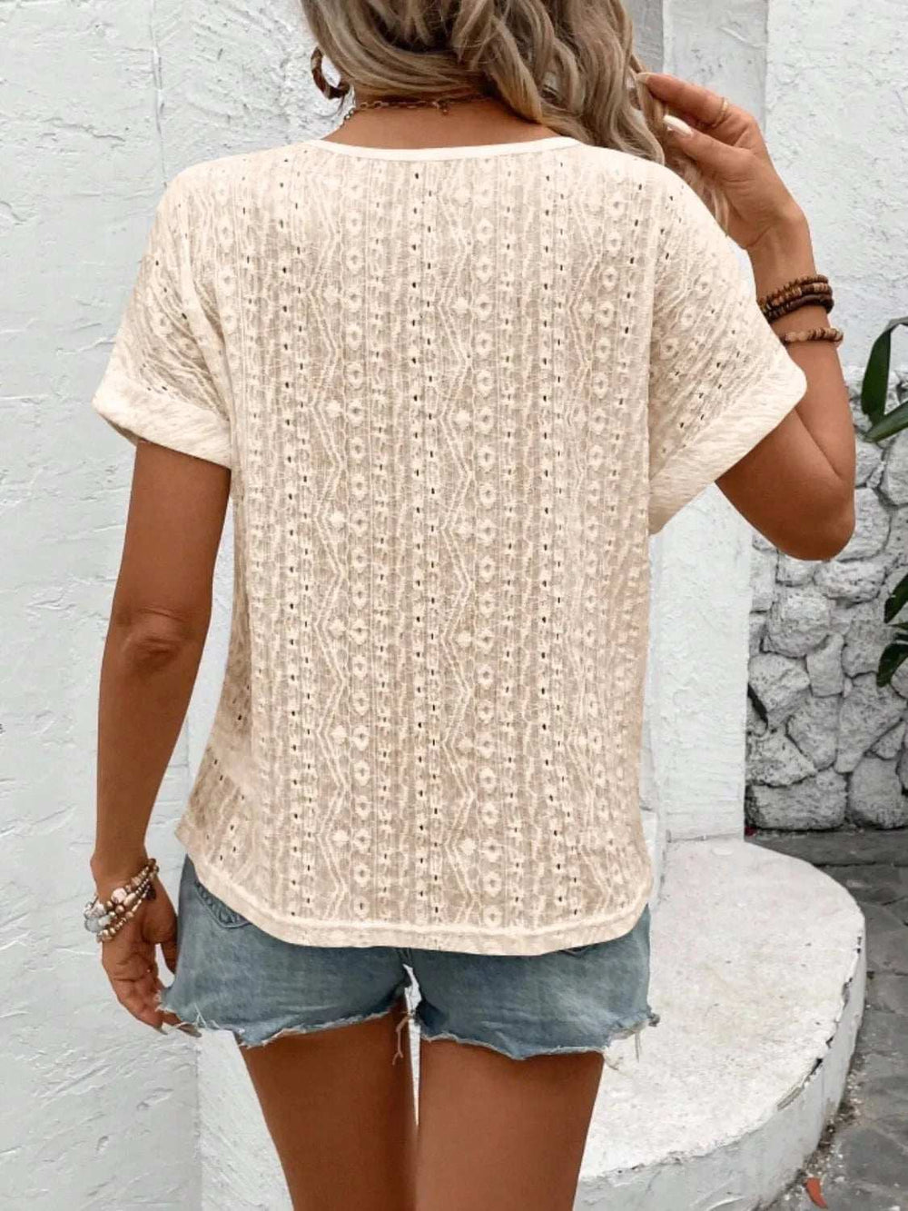 Eyelet Round Neck Short Sleeve Top - Trendsi - Flyclothing LLC