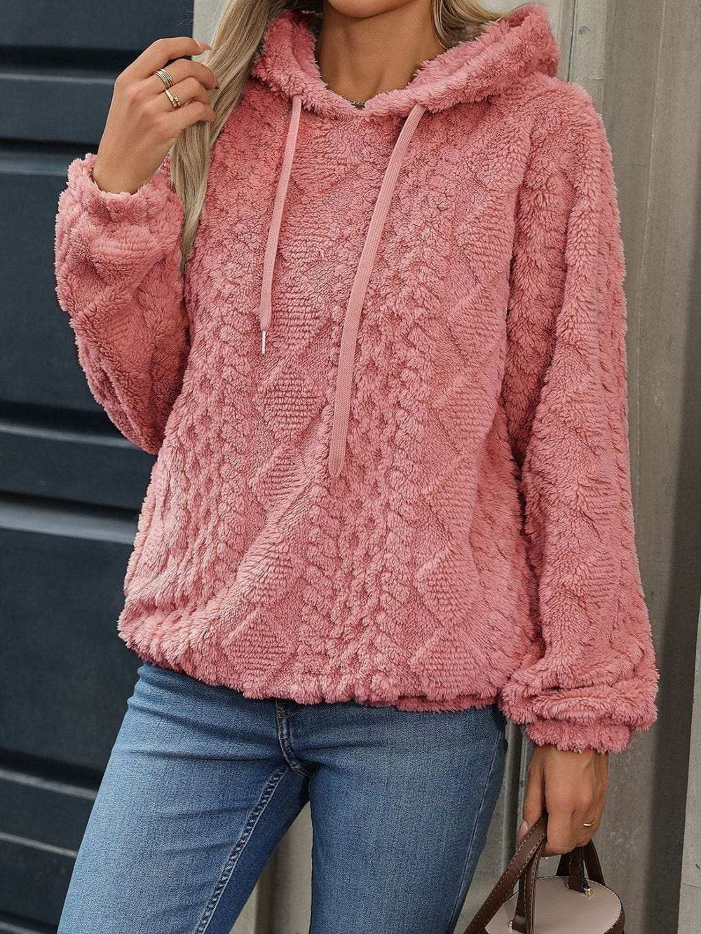 Drawstring Long Sleeve Plush Hoodie - Trendsi - Flyclothing LLC