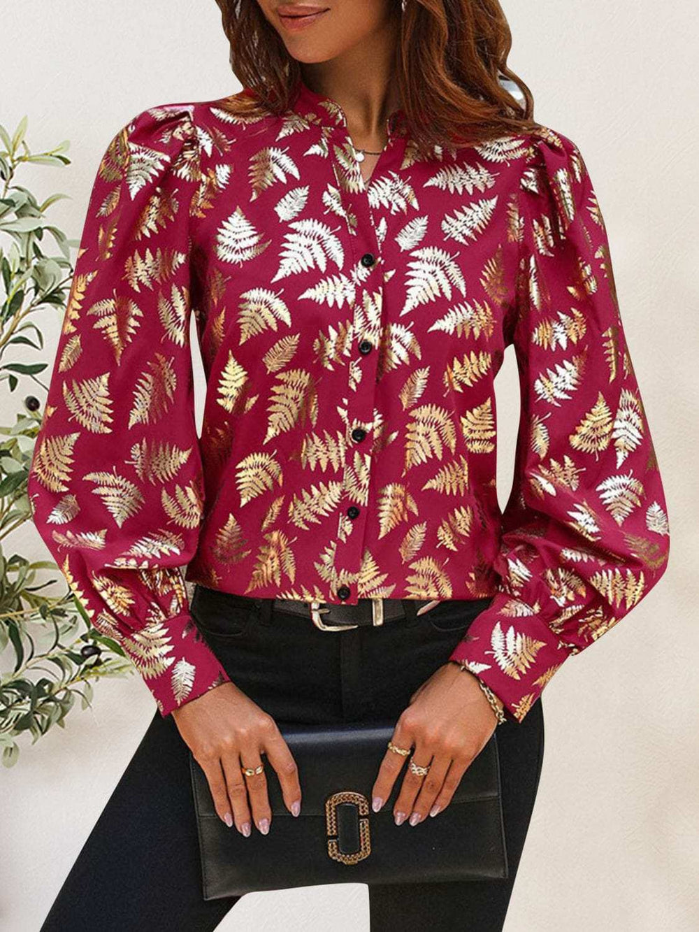 Printed Notched Long Sleeve Shirt - Trendsi - Flyclothing LLC