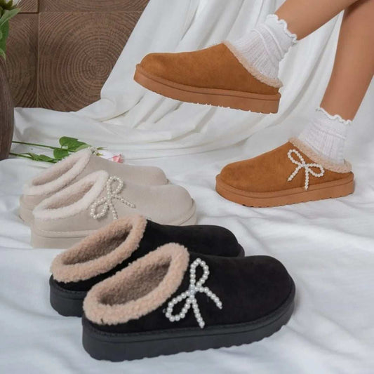 Pearl Bow Round Toe Slippers - Trendsi - Flyclothing LLC