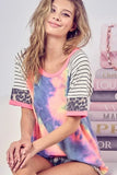 BiBi Tie Dye French Terry Top With Stripe Raglan - Trendsi - Flyclothing LLC