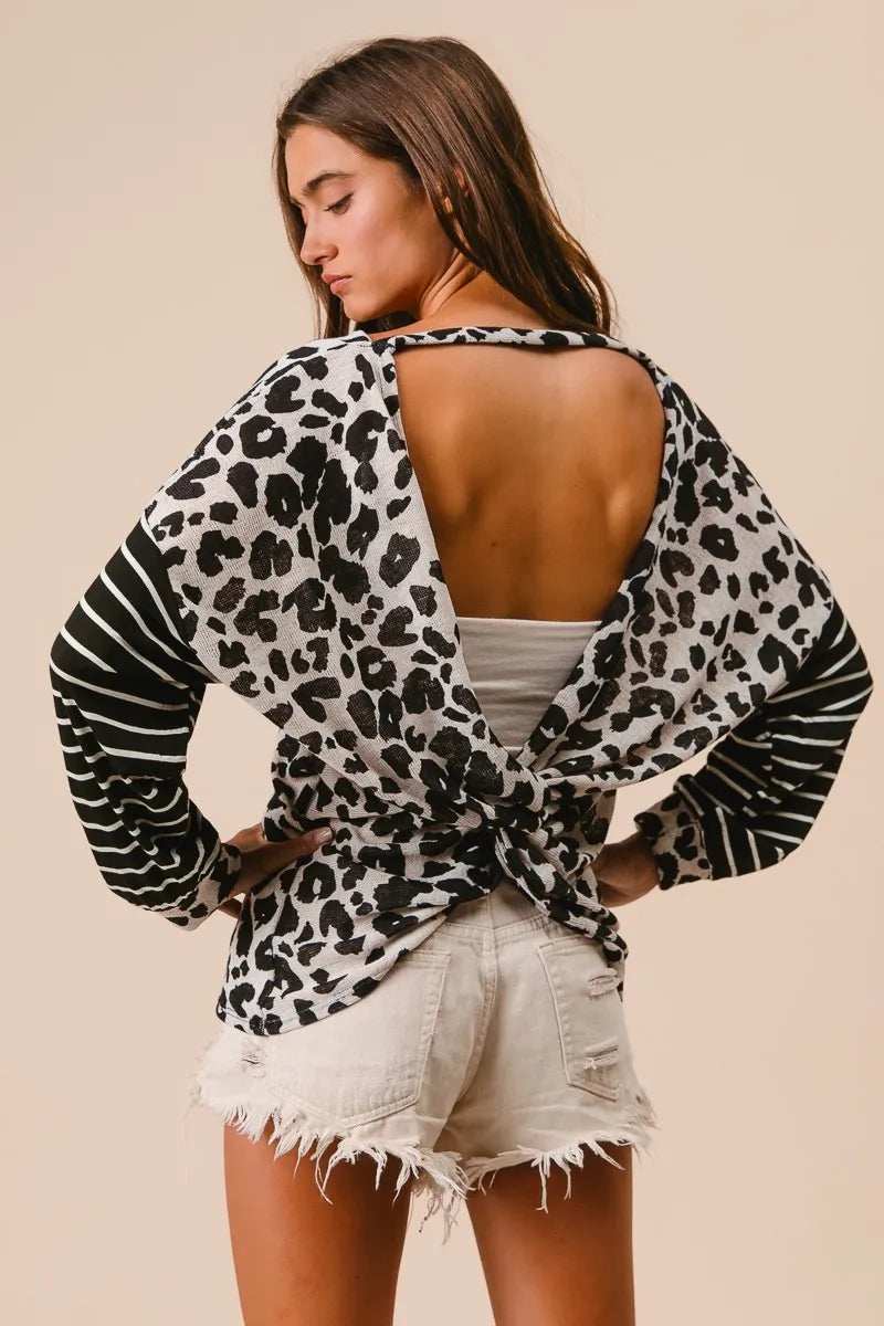 BiBi Leopard Hacci Knit Twist Back Top With Stripe Sleeve - Trendsi - Flyclothing LLC