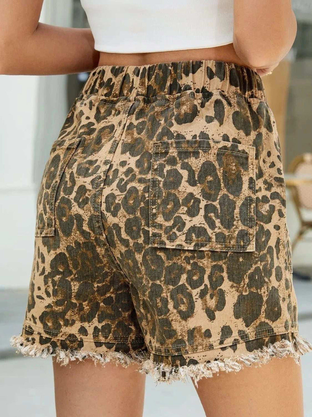 Raw Hem Drawstring Leopard Denim Shorts - Trendsi - Flyclothing LLC