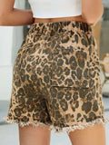 Raw Hem Drawstring Leopard Denim Shorts - Trendsi - Flyclothing LLC