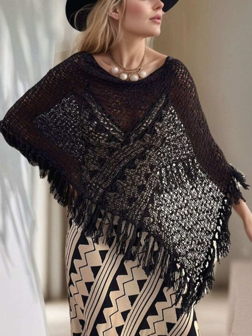 Tassel Boat Neck Knit Shawl - Trendsi - Flyclothing LLC