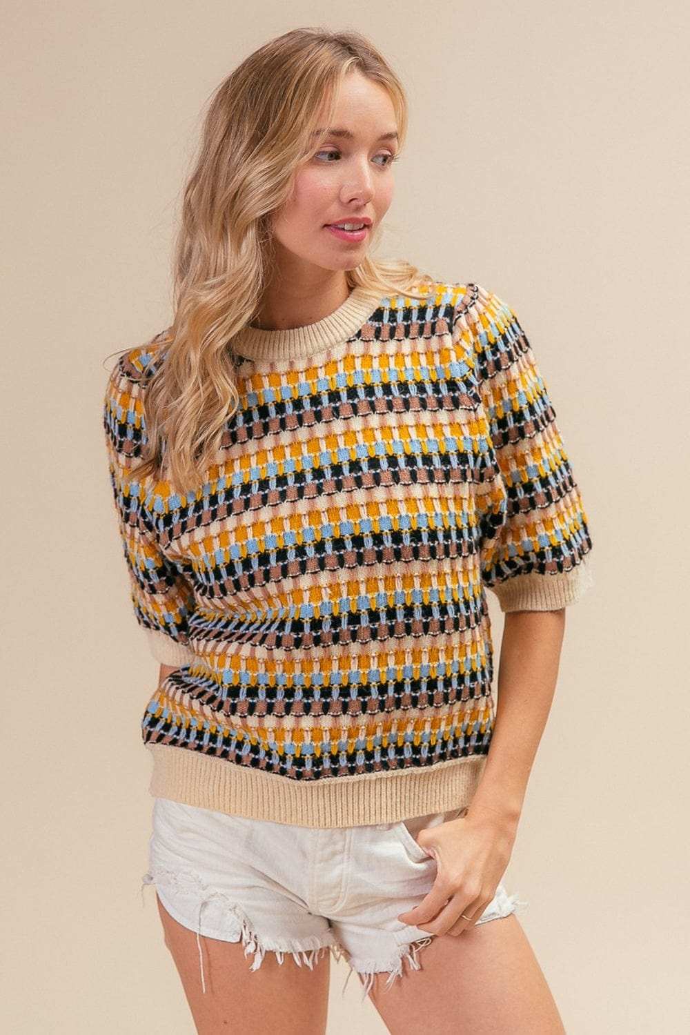 BiBi Multi Color Half Sleeve Sweater - Trendsi - Flyclothing LLC