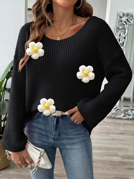 Flower Round Neck Long Sleeve Sweater - Trendsi - Flyclothing LLC