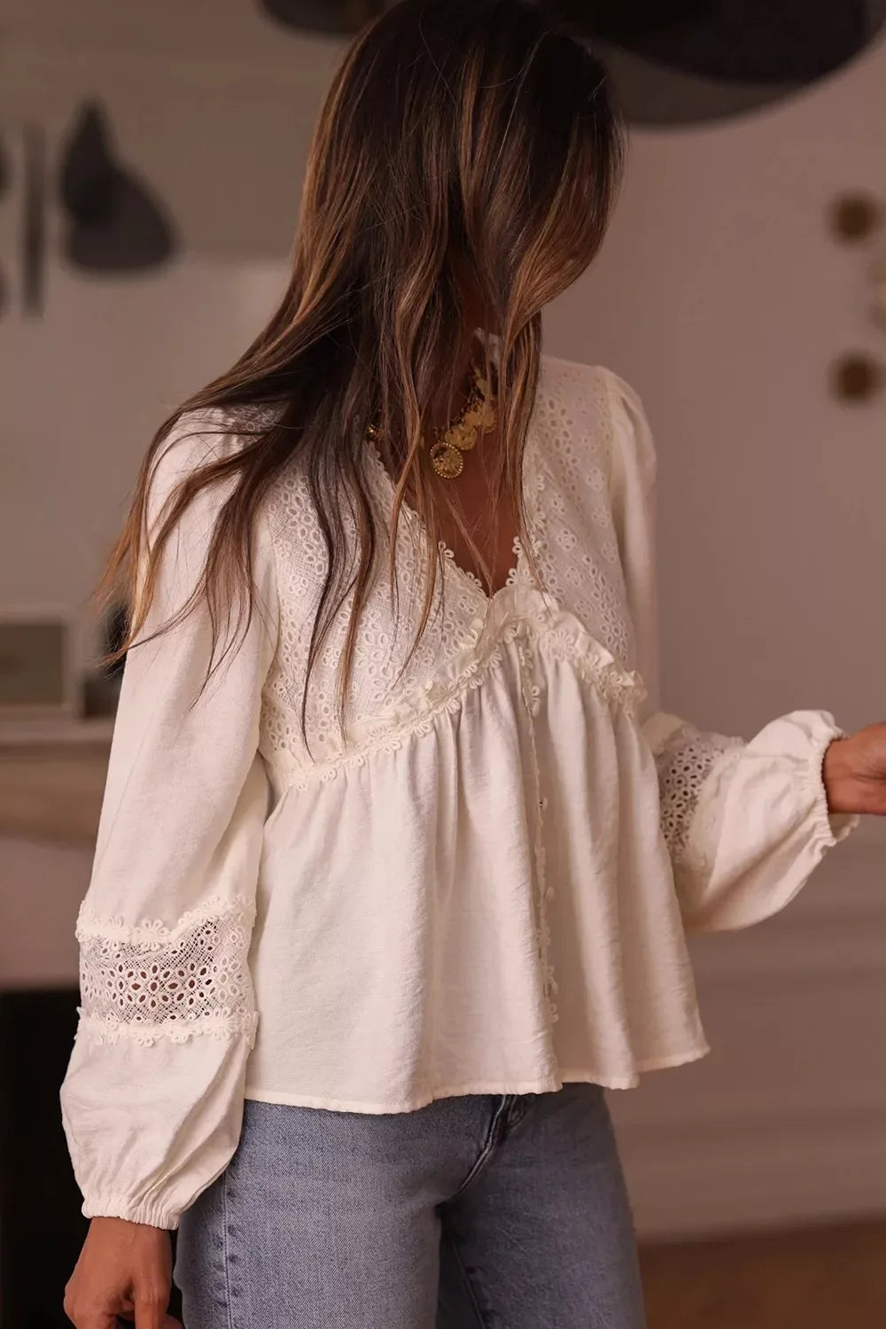 Lace Trim V-Neck Blouse - Trendsi - Flyclothing LLC