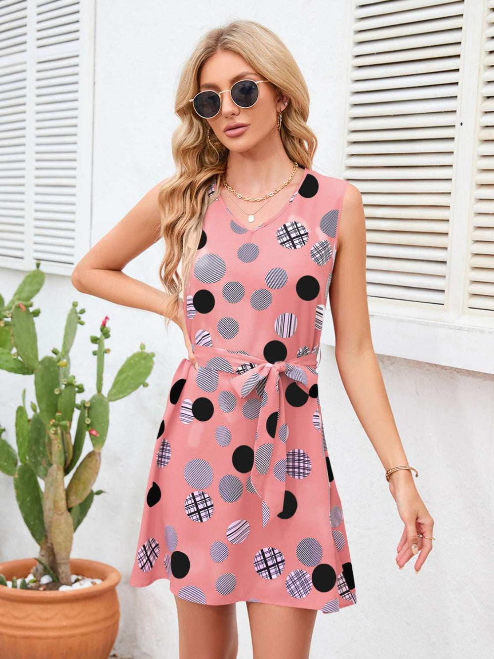 Tied Polka Dot V-Neck Dress - Trendsi - Flyclothing LLC