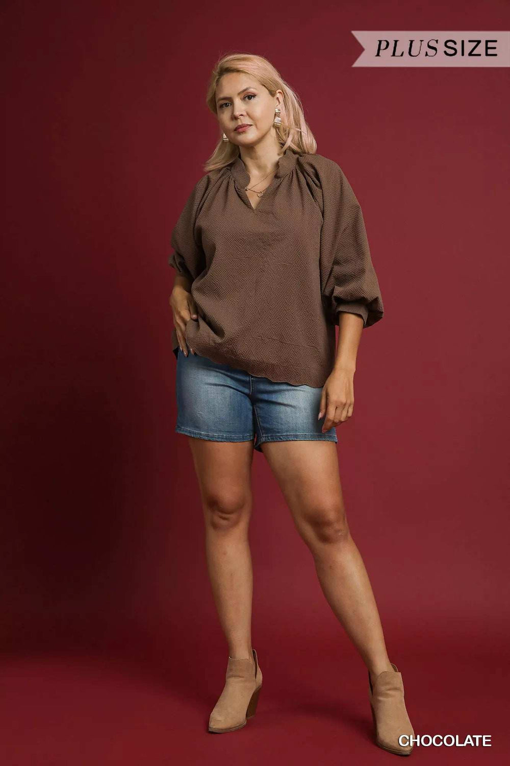 Umgee Full Size Textured Notched Balloon Sleeve Blouse Plus Size - Trendsi - Flyclothing LLC