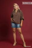 Umgee Full Size Textured Notched Balloon Sleeve Blouse Plus Size - Trendsi - Flyclothing LLC