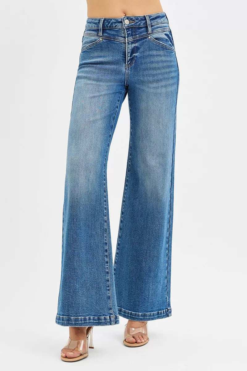 RISEN High Rise Wide Leg Jenas with Front Yoke and Heart Back Pocket - Trendsi - Flyclothing LLC