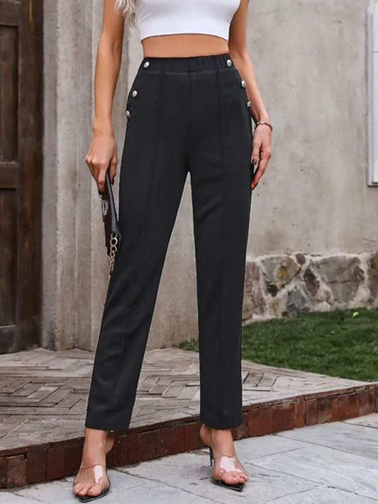 Decorative Button Elastic Waist Pants - Trendsi - Flyclothing LLC