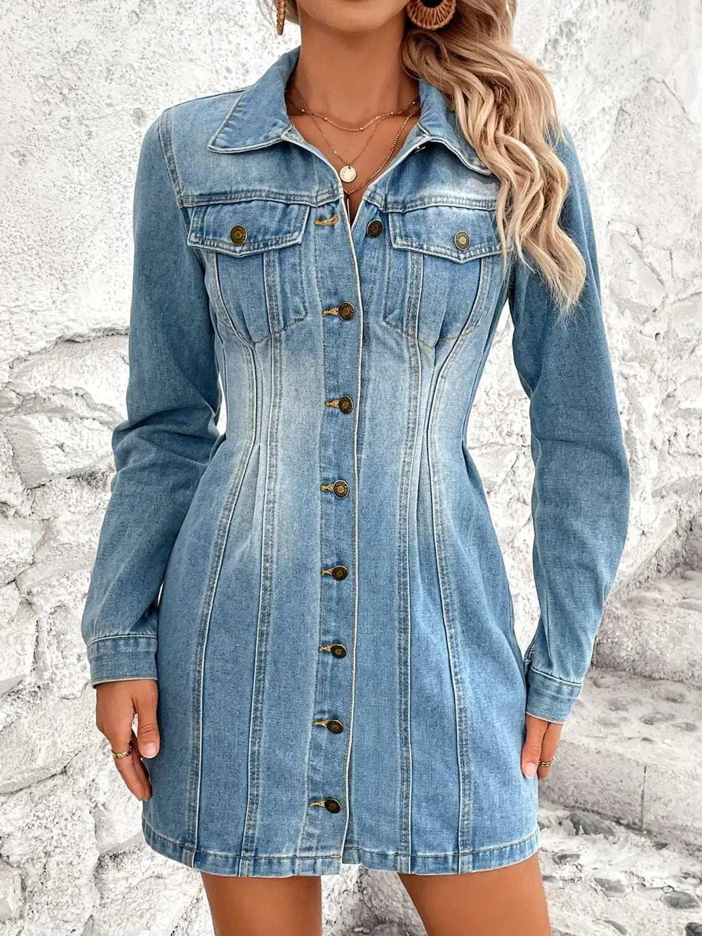 Pocketed Button Up Long Sleeve Denim Dress - Trendsi - Flyclothing LLC