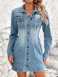 Pocketed Button Up Long Sleeve Denim Dress - Trendsi - Flyclothing LLC