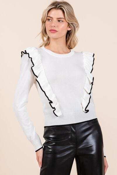 Mittoshop Contrast Trim Ruffled Round Neck Knit Top - Trendsi - Flyclothing LLC