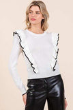 Mittoshop Contrast Trim Ruffled Round Neck Knit Top - Trendsi - Flyclothing LLC
