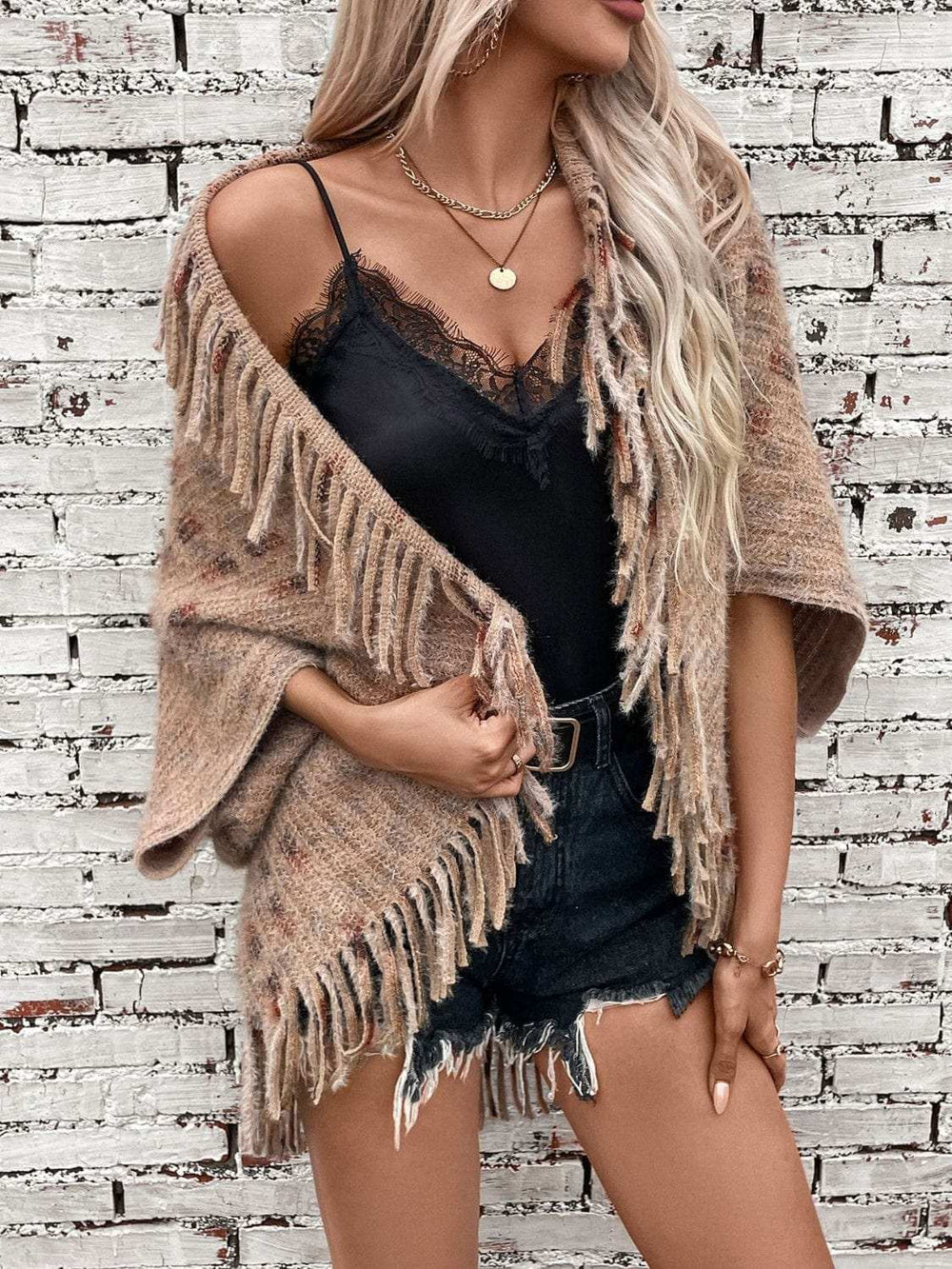 Fringe Open Front Half Sleeve Poncho - Trendsi - Flyclothing LLC