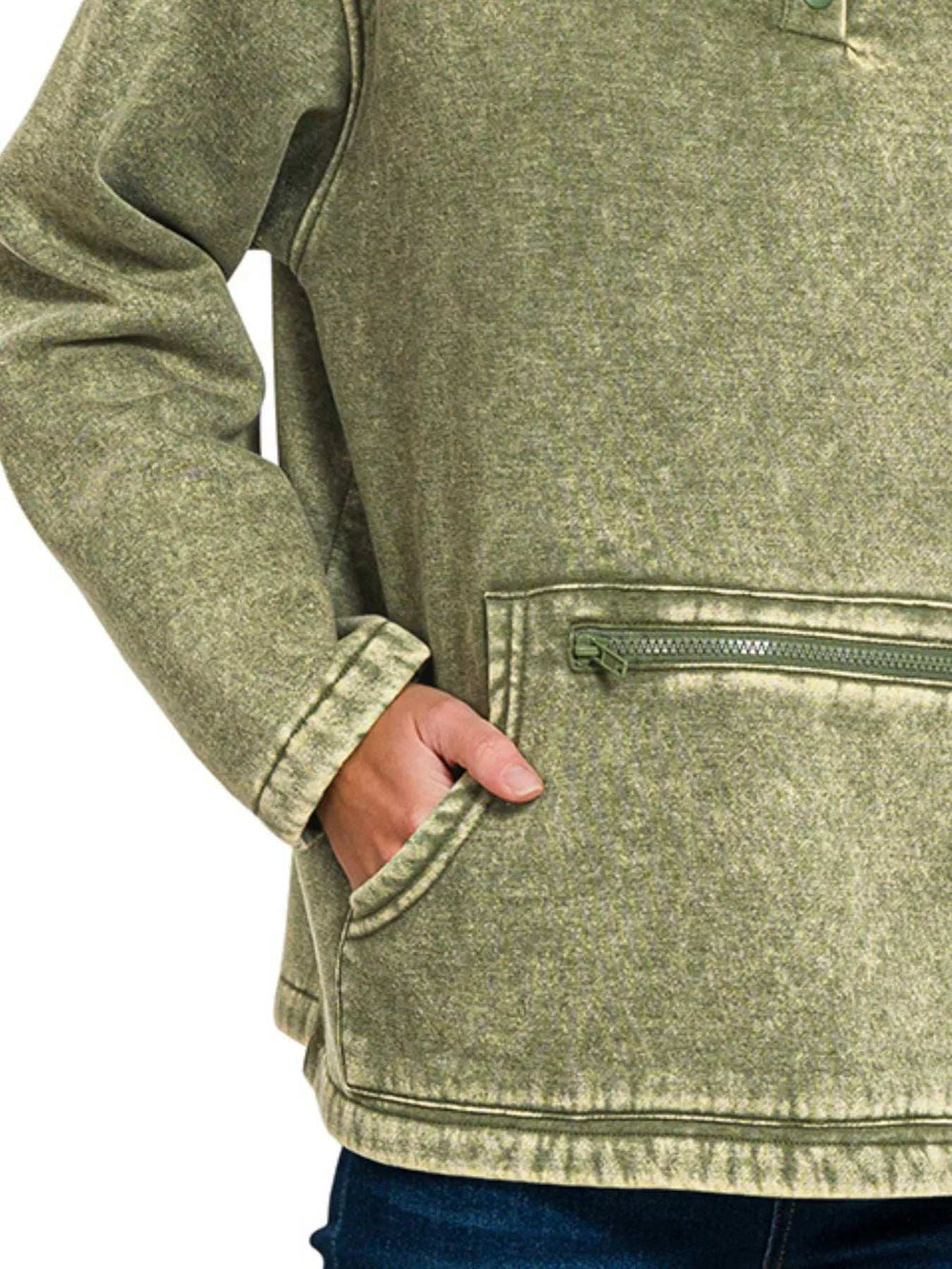 Zenana Fleece Washed High Neck Kangaroo Pocket Sweatshirt - Trendsi - Flyclothing LLC