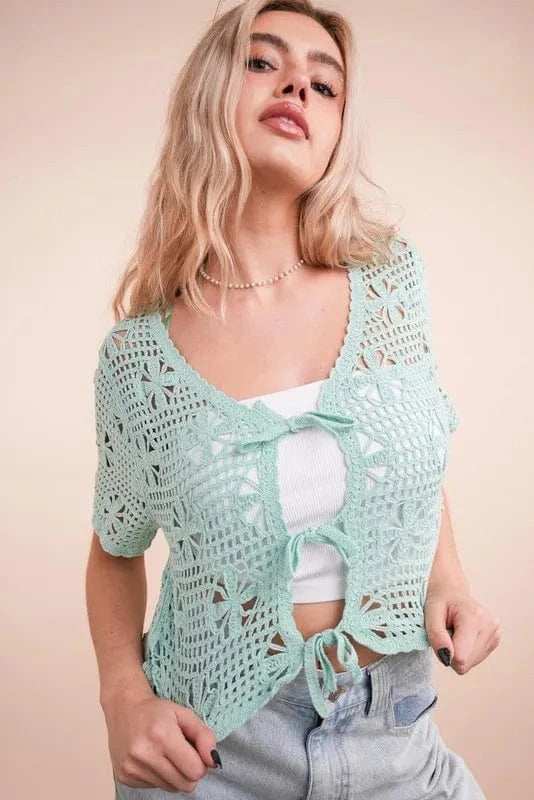 VERY J Front Tie Crochet Crop Top - Trendsi - Flyclothing LLC