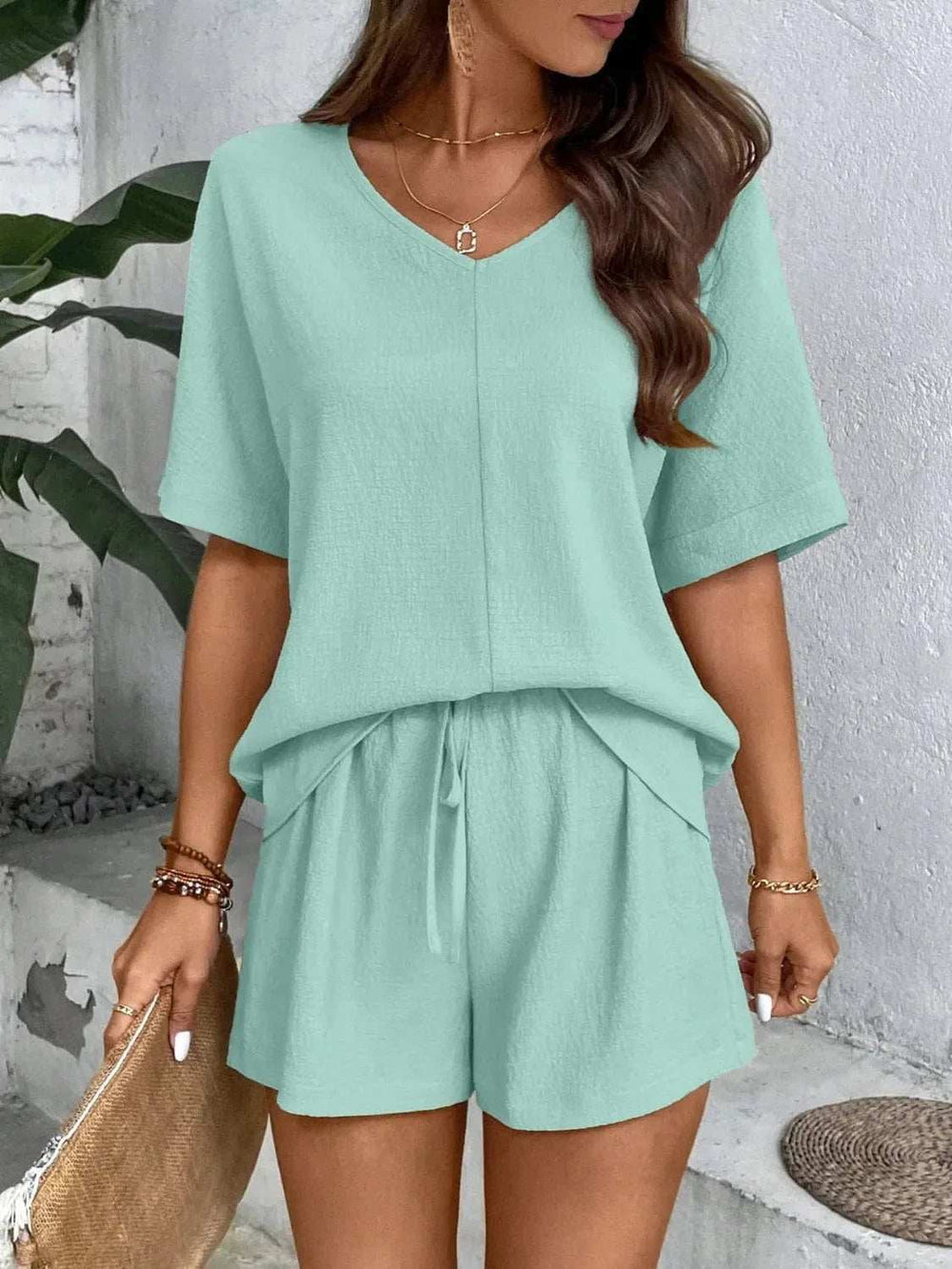 V-Neck Half Sleeve Top and Shorts Set - Trendsi - Flyclothing LLC