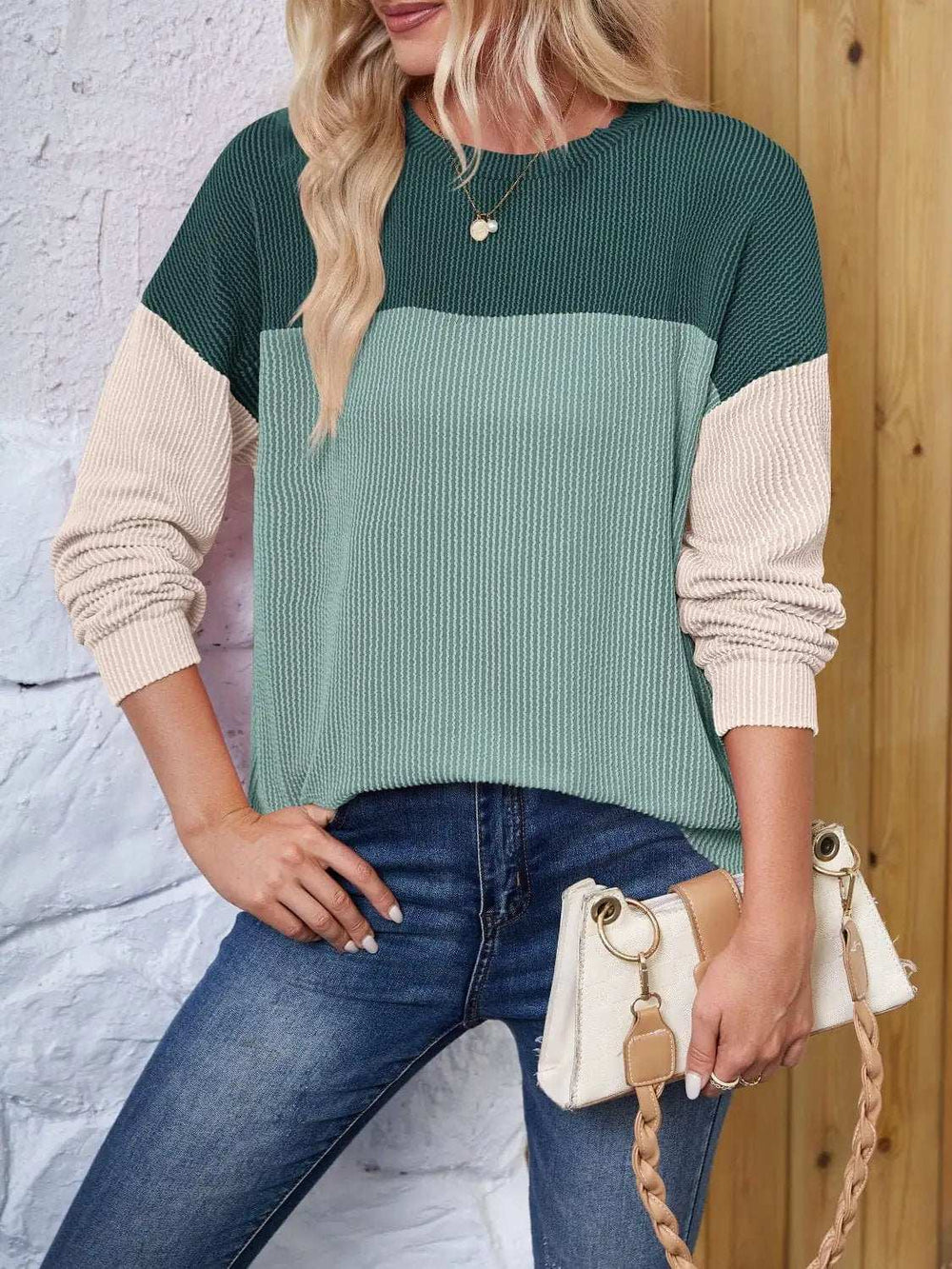 Color Block Round Neck Long Sleeve Sweatshirt - Trendsi - Flyclothing LLC