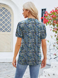 Ruched Printed Notched Short Sleeve Blouse - Trendsi - Flyclothing LLC