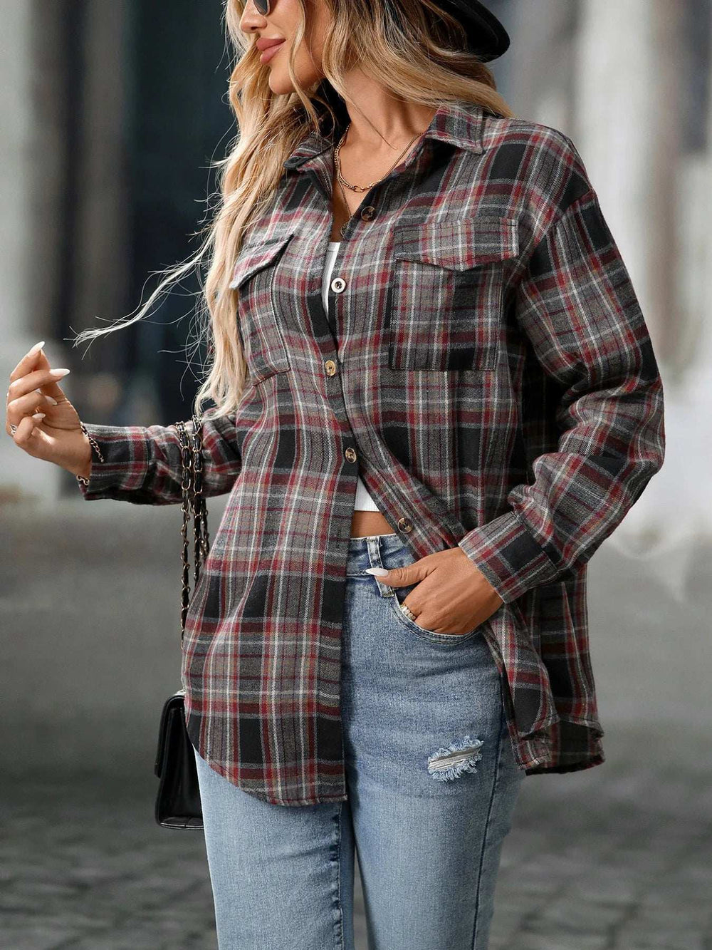 Oversized Plaid Button-Up Shirt - Trendsi - Flyclothing LLC