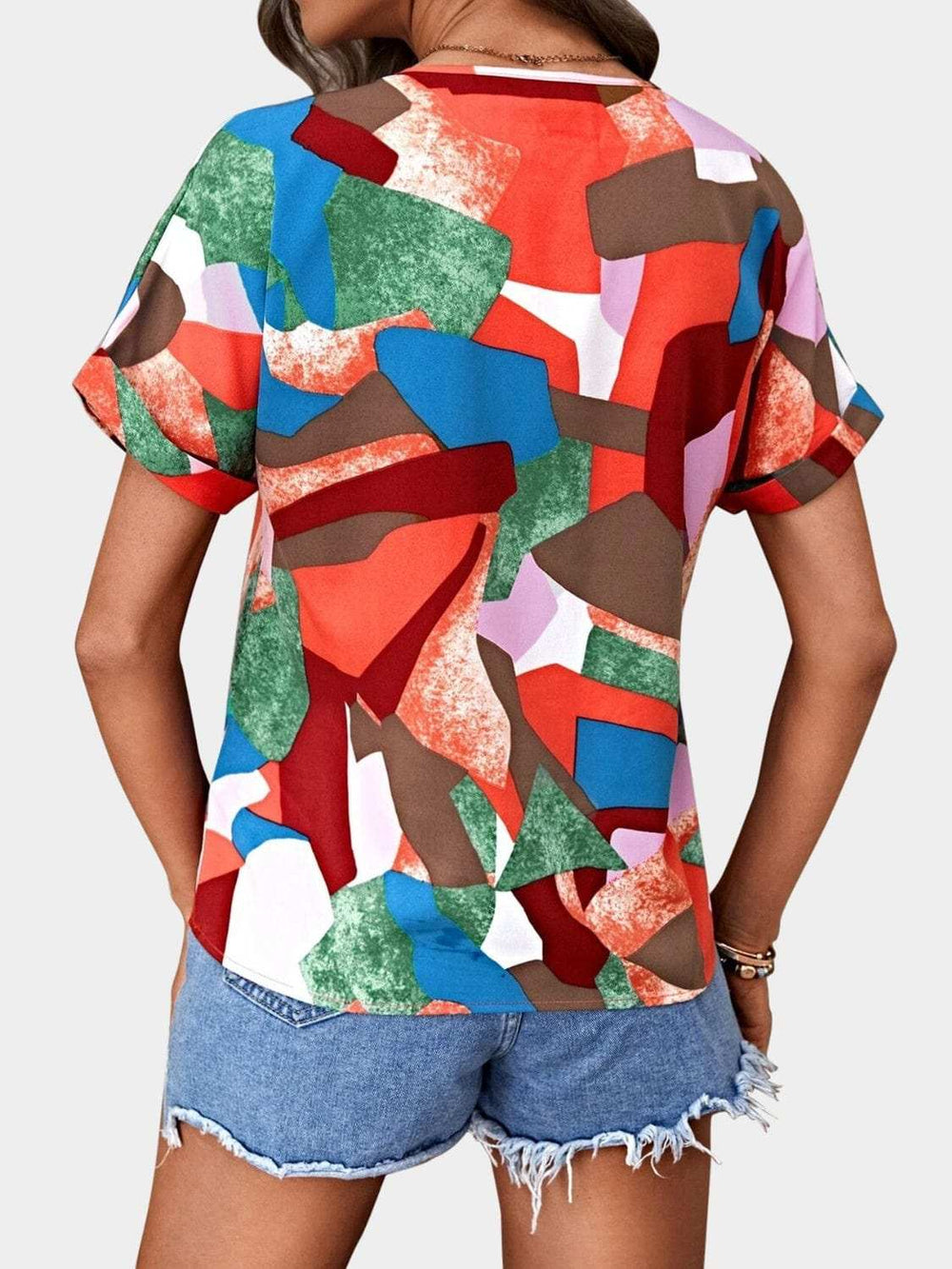 Printed V-Neck Short Sleeve Blouse - Trendsi - Flyclothing LLC