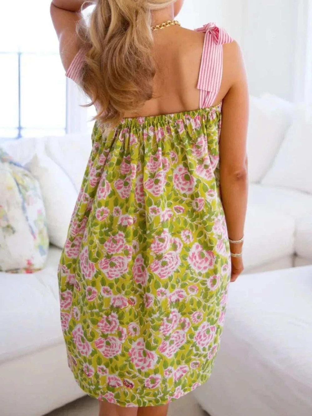 Printed Square Neck Tie Shoulder Mini Dress - Trendsi - Flyclothing LLC