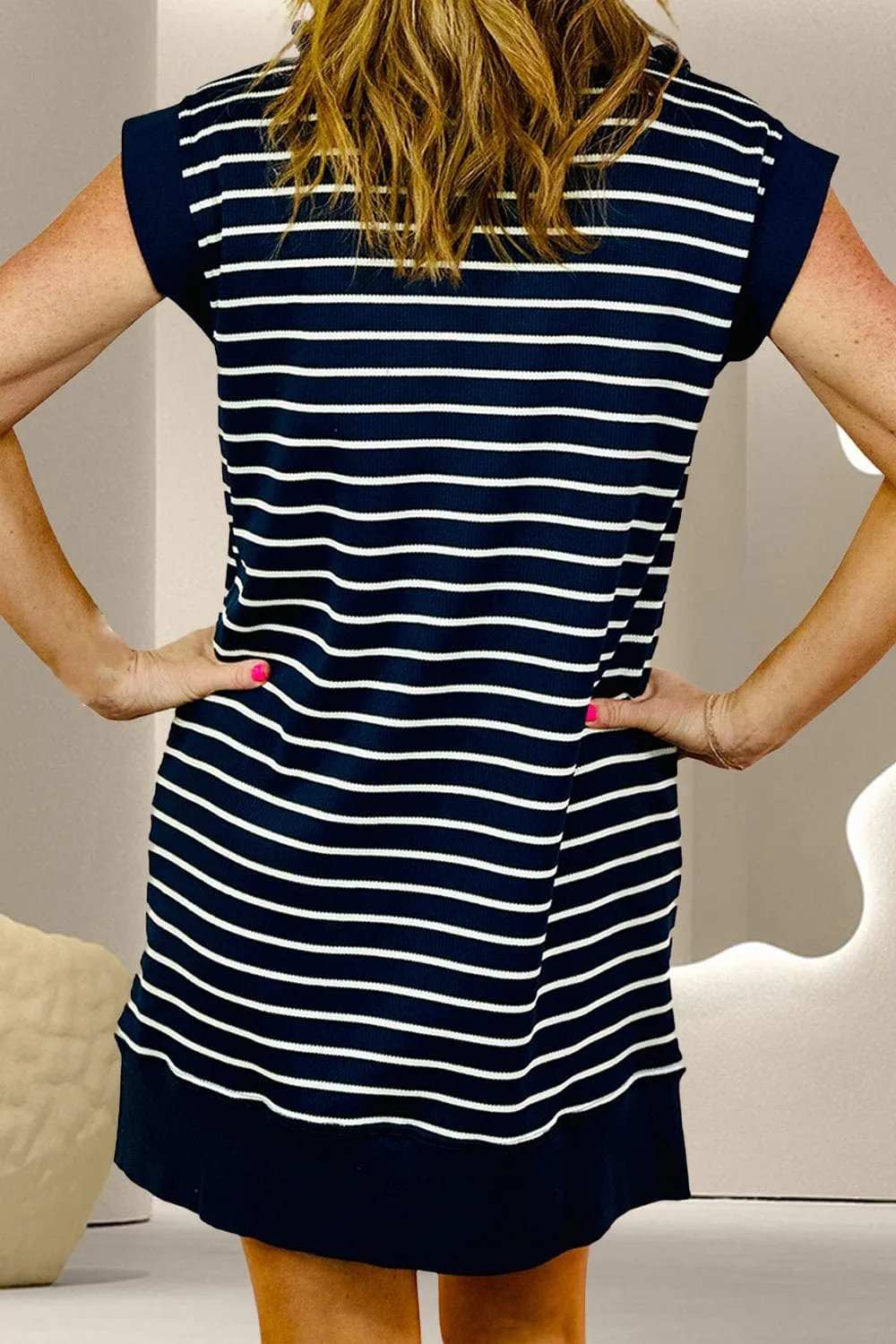 Slit Striped Collared Neck Cap Sleeve Mini Dress - Trendsi - Flyclothing LLC