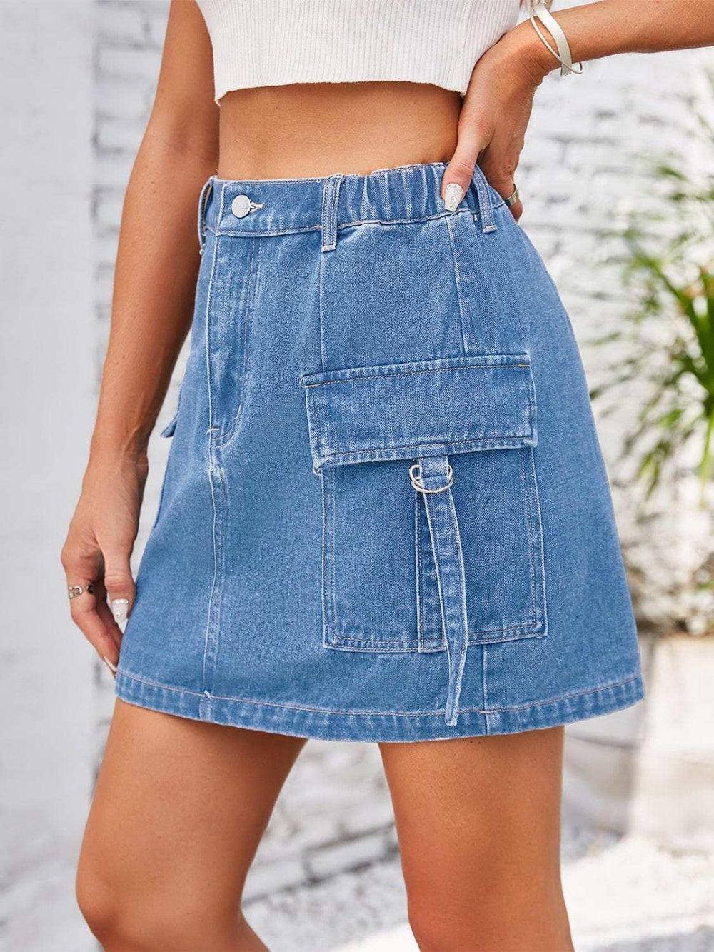 Pocketed Buttoned Denim Skirt - Trendsi - Flyclothing LLC