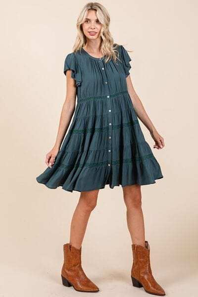 Mittoshop Lace Detail Ruffled Button Down Tiered Dress - Trendsi - Flyclothing LLC