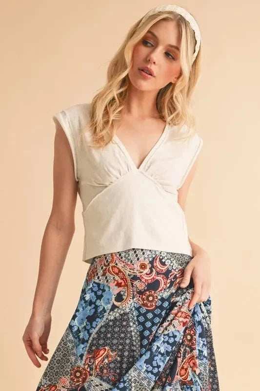 Aemi+Co V-Neck Cap Sleeve Cropped Top - Trendsi - Flyclothing LLC