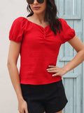 Ruched Decor Button V-Neck Short Sleeve Blouse - Trendsi - Flyclothing LLC