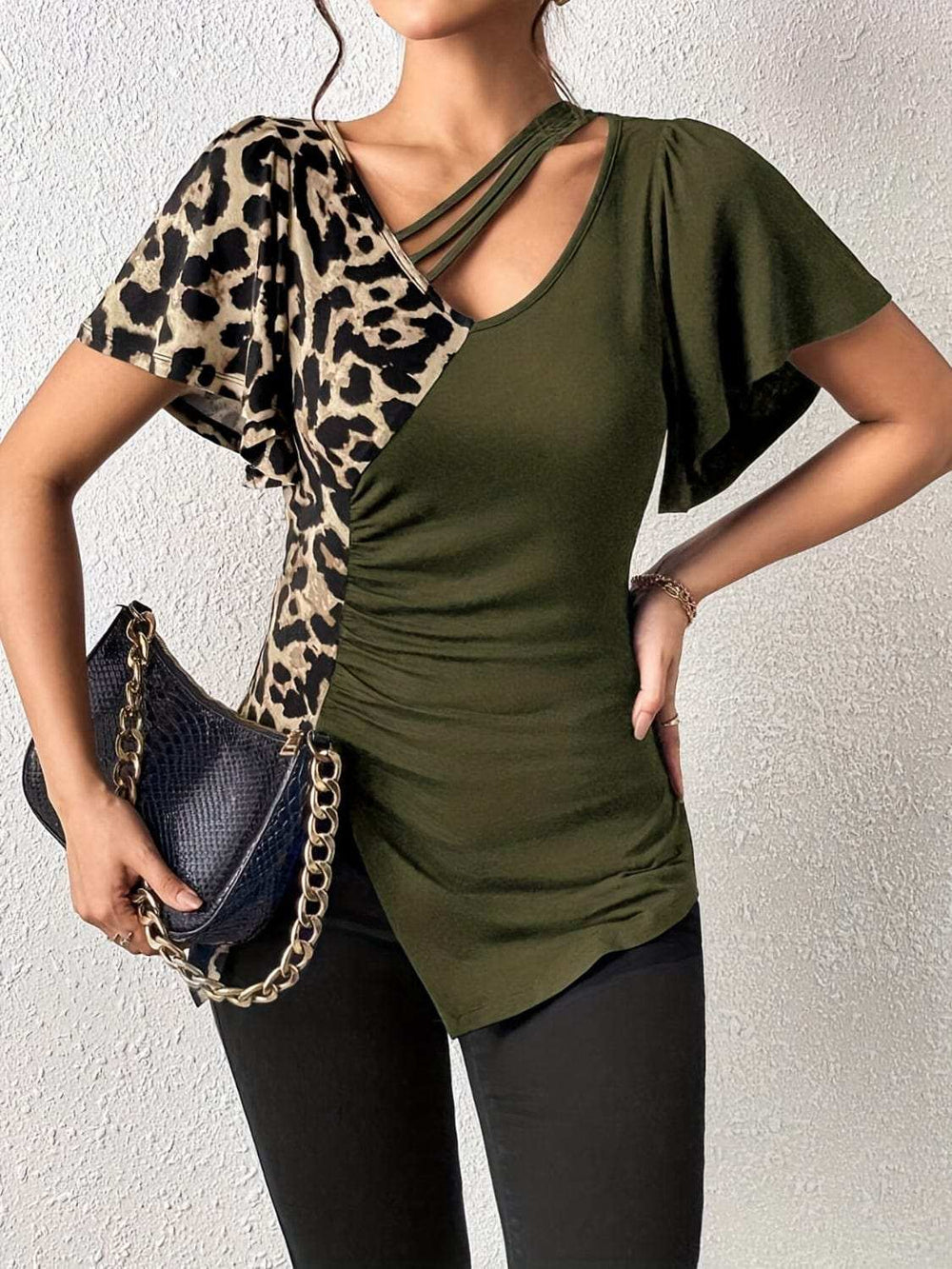 Ruched Leopard Flutter Sleeve T-Shirt - Trendsi - Flyclothing LLC