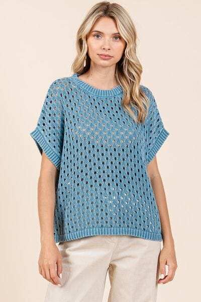 Mittoshop Mineral Wash Openwork Short Sleeve Knit Cover Up - Trendsi - Flyclothing LLC