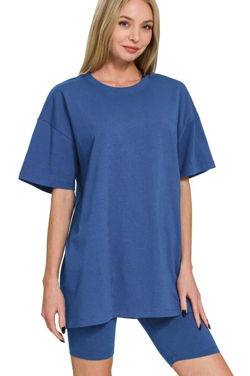 Zenana Cotton Round Neck Top & Biker Shorts - Trendsi - Flyclothing LLC