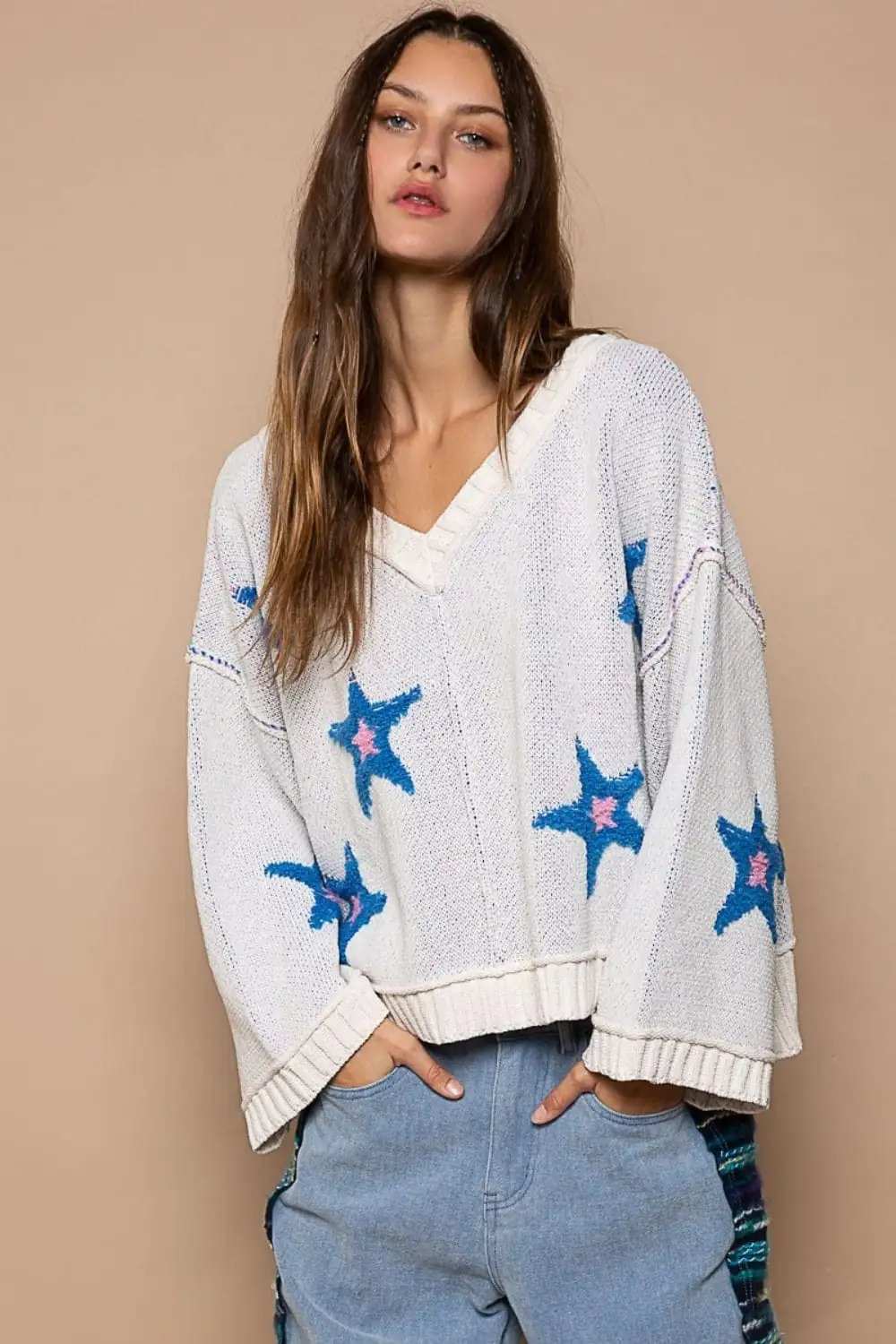 POL Long Sleeve Star Patch Sweater - Trendsi - Flyclothing LLC