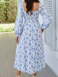 Slit Smocked Floral Square Neck Balloon Sleeve Midi Dress - Trendsi - Flyclothing LLC