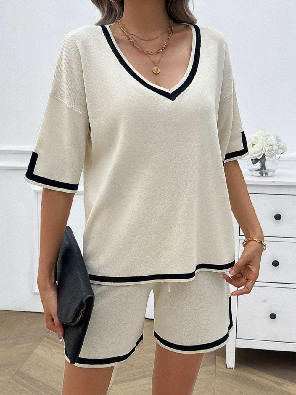 Contrast Trim V-Neck Top and Shorts Set - Trendsi - Flyclothing LLC