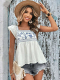 Embroidered Square Neck Cap Sleeve Blouse - Trendsi - Flyclothing LLC